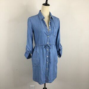 ATHLETA Relaxed Fit Light Wash Drawstring Waist Button Chambray Dress